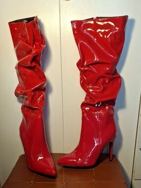 Source Unknown Red Patent Slouch Knee-High Stiletto Boots